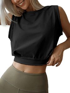 Crop Top-Baumwollhemden für Frauen süße ärmellose Yoga Tops Running Fitnessstudio-Trainingshemden lässig Fitness Lose weibliches T-Shirt 240408