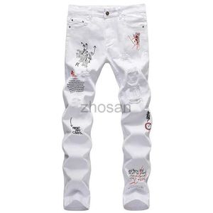 Herren Jeans Mode Stickbuchstaben weiße Skinnhose Männer Hip Hop Punk Casual Motorrad Stretch zerrissene Denimhose Streetwear D240417