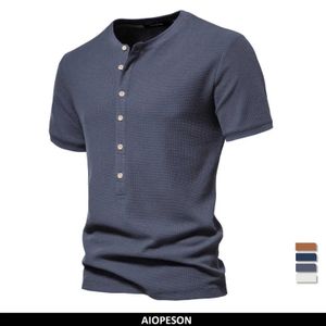 Herr t-shirts bomull våffla Henley t-shirt för män solid färg avslappnad kortärmad mens t-shirt ny sommardesigner toppar tee man