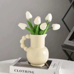 Handle With Milk Jug Ceramic Vase For Flower White Pitcher Living Room Decor Shelf Wedding Gifts Kitchen 240127