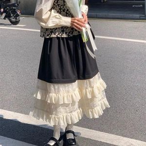 Etekler Deeptown Japon Moda Uzun Etek Kadınlar Siyah High A-Line Dantel Patchwork fırfırlar midi Midi Sonbahar Mori Kız Stil