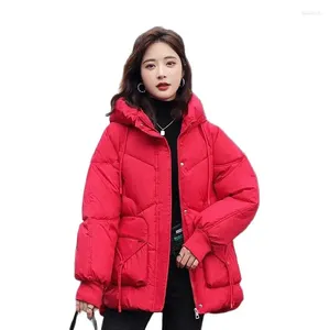 Women's Trench Coats 2024 Red Shiny Sparkling Cotton Coat Parker Winter Korean Mid-Length Hooded Warm Cold Prevention Jacket Female