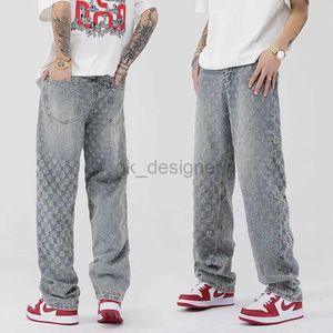 Herr jeans designer hiphop byxor high street ins trendy märke jacquard full tryck design sense jeans mäns lösa breda ben byxor vår