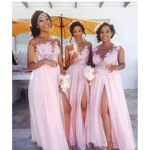 Blush Pink Dress Boho Chiffon Bridesmaid Sexy Side High Split Floor Length A-Line Wedding Guest Gown Illusion Lace Appliques Top Long Prom Party Wear 2023