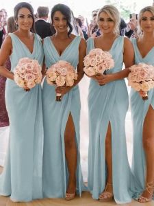 Baby Blue Bridesmaid Dresses A Line Floor Length Sexy V Neck Chiffon Side Slit Custom Made Plus Size Maid of Honor Gown Evening Wear