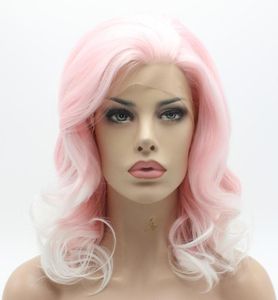 Iwona Hair Wavy Shoulder Length Pink Root White Ombre Wig 193100B1001 Half Hand Tied Heat Resistant Synthetic Lace Front Wig3931555