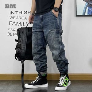 Herr jeans amerikanska mode hip hop last streetwear skateboard harem byxor män kläder japanska harajuku denim casual byxor man d240417