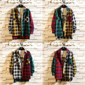 Plaid Fashion Print Male Shirts Thin Cotton with Full Sleeve Casual College Style Patchwork Colors Couple Blouse Shirt