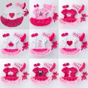 Babykleidung Sets Säuglinge Overalls Girls Rampfer Kinder Kleidung Kurzärmelte Baumwollrose rosa Kleider 4 Stück Kleidung Set erste Wanderschuhe Q1H1##