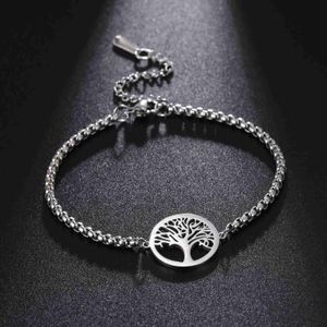 Bangle Hip Hop Stainless Steel Box Chain Bracelet Openworked Tree of Life Pendant Bracelet for Men Women Jewelry Party GiftL240417