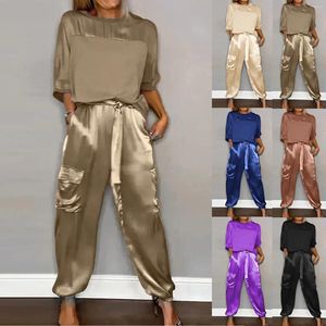 Damen zweisteuelhafte Hosen Frühling Sommer modisches Satin Satin Set Frauen runder Nacken lang Ärmeln Top lässig locker locker