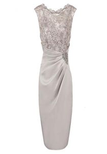 Cap Sleeve Real Image Silver Gray Sheath Scoop Short Mother of The Bride Dress Sequined Satin Appliques Knee Length Guest Party Go4104540