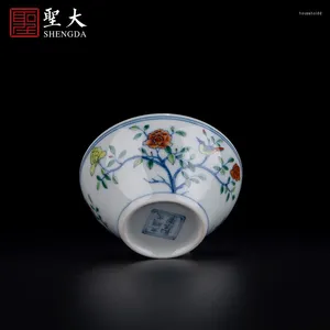 Teetassen | Blau und weiße Kampffarbe Blume Vogelmuster Falten Taillenbecher Jingdezhen reiner handgemalt