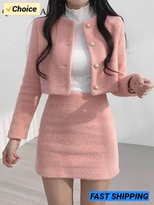 Wiosna latem koreańska moda słodka damska garnitur z spódnicą dwuczęściowy zestaw dla kobiet sukienki pasują do eleganckiego tweedu 240417