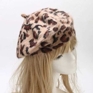 Guow Berets Ldslyjr 2020 Leopard Print Rabbit Fur Buckle Berater Painter Hat Hat Octagonal Hat Women and Girl 11 D240418