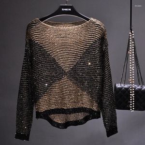 Women's Sweaters Europe And The United States Is Hollow-out Sequins Loose Knit Set Of Head Light Silk Top Long-sleeved Round Collar Thin