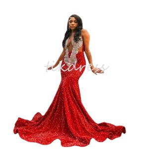 Sparkly Red paljettklänningar för svarta flickor 2024 Plus Size Aso Ebi sjöjungfru aftonklänningar Diamond Crystal Formal Birthday Party Vestido de Fiesta Feminino Luxo