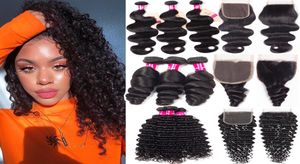 9A Brazilian Human Hair Bundles With Closure 4 Bundles With 4X4 Lace Closure 100 Unprocessed Deep Wave Kinky Curly Loose Wave Wat1174166