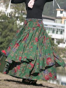 Skirts Cotton Linen Women Medieval Skirt Print Dubai Turkey Retro Ethnic Lace-up Muslim Maxi Long Spring Summer 2024