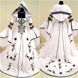 Renaissance średniowieczne czarno -białe suknie ślubne 2019 Haft haftowy z długim rękawem Koronkowy koronkowy z tyłu gotycka Bridal2907058