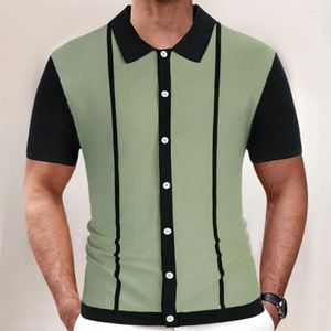 Herren Polos 2024 Frühlings- und Sommerstil Herren Casual Business Polo Shirt Vintage Single-Breasting Contrasting Farb Strick T-Shirt