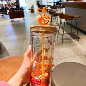 water bottle Starbucks cup Mid Autumn Festival cute rabbit fox autumn leaves double glass straw cup large capacity drinking cup L48