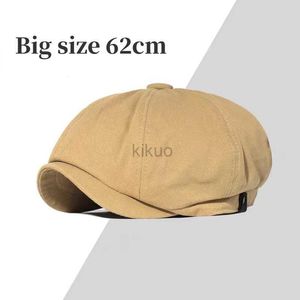 Berets New Cotton Linen Retro Newsboy Caps Plus Size 63CM Spring Autumn Breathable Cap British Style Fashion Beret Men Flat Peaked Cap d240417