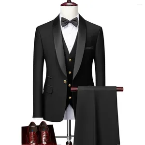 Men's Suits Men Skinny 3 Pieces Set Formal Slim Fit Gold Button Suit / Male Groom Wedding Blazers High Quality Dress Jacket Coat Pants Vest