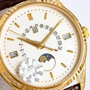 AAAAA PATE DESIGNER MENS Titta på läderrem Stort Dial 40mm Luxury Watch Men Automatisk mekanisk klocka Solid Buckle Gold Watch Men and Women Watches With Box 209