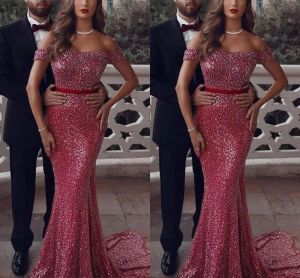 Czerwona syrena sukienki wieczorne Blaskowe cekiny Wstążka Off the Rame Sweep Train Custom Made 2024 Plus Size Dubai Arabic Prom Gown Vestidos