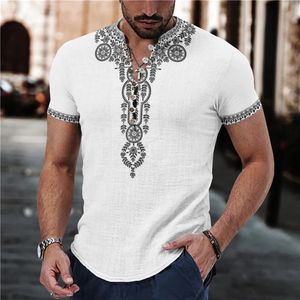Fritid Kort ärm V Neckknappad t-shirts män vår sommar mode lapptäcke mönster tryck toppar mens kläder casual skjortor 240410