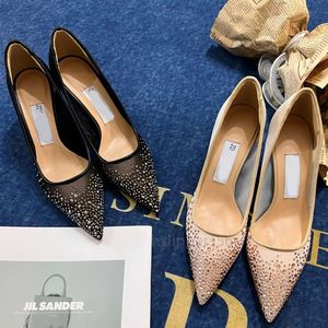 Designer Luxury Dress Shoes Jimmy High Heels Fashionable Classic Black Glittering Girls Versatile Simple Sling High Heels