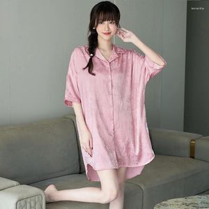 Vestido de dormir feminino Camisa de camisa de cetim vestido de lingerie de verão camisola de verão de manga curta banheira