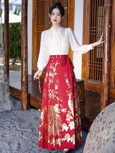 Arbeitskleider chinesischer Stil Schnallen Chiffon Shirt Frauen Herbst und Winter Pferdegesichts-Rock Anzug zweiteiligen Sets Festival-Kleidung Outfits