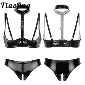 Bras Sets Womens Wet Look Patent Leather Open Cups Shelf Bra Top Crotch High Cut Erotic Briefs Underwear Panties Sexy Lingerie Set