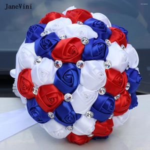 Bröllopsblommor Janevini 2024 Sparkly Diamond Royal Blue White Bridal Bouquets Artificial Satin Roses European Bouquet for Bride