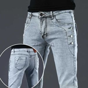 Herr jeans mode märke knappficka män stretch casual smal mager bomull ljus blå mörkgrå designer manliga denim byxor d240417