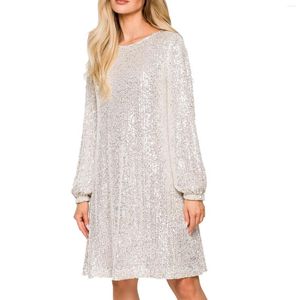 Casual Dresses Sequin Dress for Women Långärmad Crewneck Sparkly Glitter Mini Elegant Wedding Cocktail Party Maternity Robe