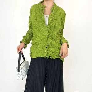 Miyake Pleated Autumn Long Sleeved Vintage Jacket Womens Tops Handmade Pleated Standing Neck Premium Coat 240408