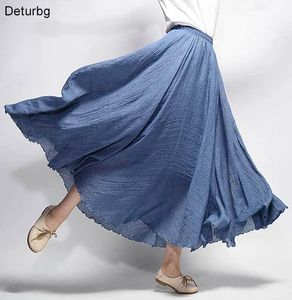 Womens Elegant High Waist Linen Maxi Skirt Summer Ladies Casual Elastic Waist 2 Layers Skirts saia feminina 20 Colors SK53 240407