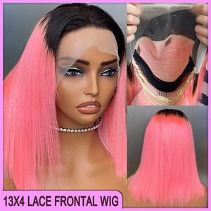 All'ingrosso 1b rosa setoso dritto 13x4 in pizzo trasparente bob frontale wig malese peruviano brasiliano brasiliano 100% vergine remy capelli umani capelli umani