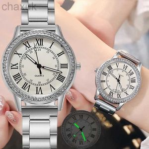 Armbandsur Steel Strap Simple Casual Womens Watch Retro Roman Rhinestone Luminous Quartz Luxury Wrist Watches For Women Wholesale D240417