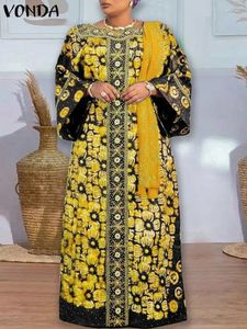 Casual Dresses VONDA Bohemian Maxi Dress 2024 Women Round Neck Long Flare Sleeve Vintage Floral Printed Vestido Loose Sundress Robe