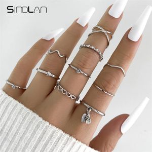 Ringos de cluster Sindlan 10pcs encanta o coração de cor prata para mulheres ondas de cristal vintage conjunto geométrico boho jóias femininas aniilos mujer