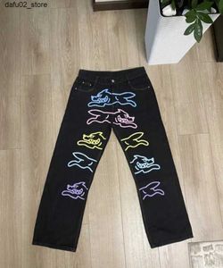 Mäns byxor American Hip-Hop Street Running Dog Print Jeans för män och kvinnor klassiska Harajuku Casual Loose Y2K Wide Ben Pants Jeans Woman Q240417