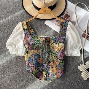 Bluzki damskie Yuoomuoo Tops Retro Vintage Rose Print Bandage Gothic Blouse Shirts Summer Short Sleeve moda Y2K żeńska blusas