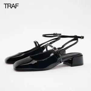 Отсуть туфли Traf Women Purss Chunky Strappy Heels Black Square Toe Mary Janes для высокой милой лолиты Slingback