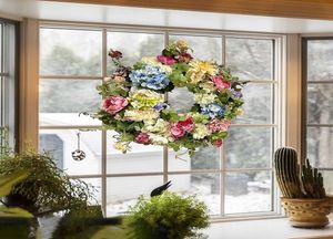 15 Inch Artificial Garlands Front Door Wreaths Artificial Rainbow Hydrangea Hanging Wreath For Home Indoor Outdoor Window Wall Q081828578