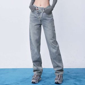 Womens Jeans V-Waist Straight Barrel Irregular Diagonal Buckle Design denim pants Womens JEANS