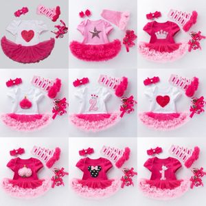 Babykleidung Sets Säuglinge Overalls Girls Rolbert Kinder Kleidung Kurzärmelte Baumwollrose rosa Kleider 4 Stück Kleidung Set erste Wanderschuhe N9UY##